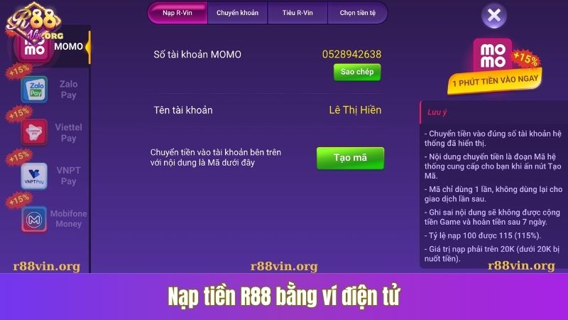 Nạp tiền R88 bằng ví điện tử