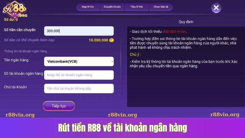 Rút tiền R88 về tài khoản ngân hàng